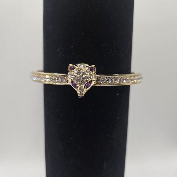Betsey Johnson Gold-Tone Hinged Bangle Bracelet Fox Purple Crystal Accents - Picture 1 of 7